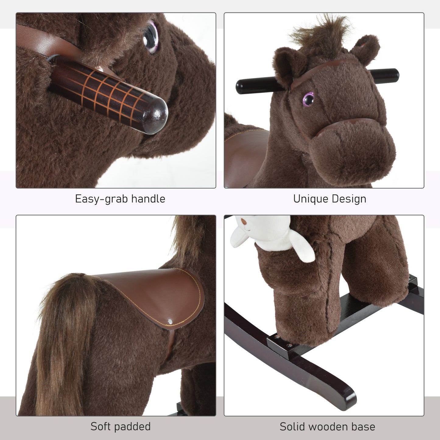 Qaba Kids Rocking Horse Plush Animal on Wooden Rockers with Sounds, Wooden Base and Bear Toy, Baby Rocking Chair, Brown