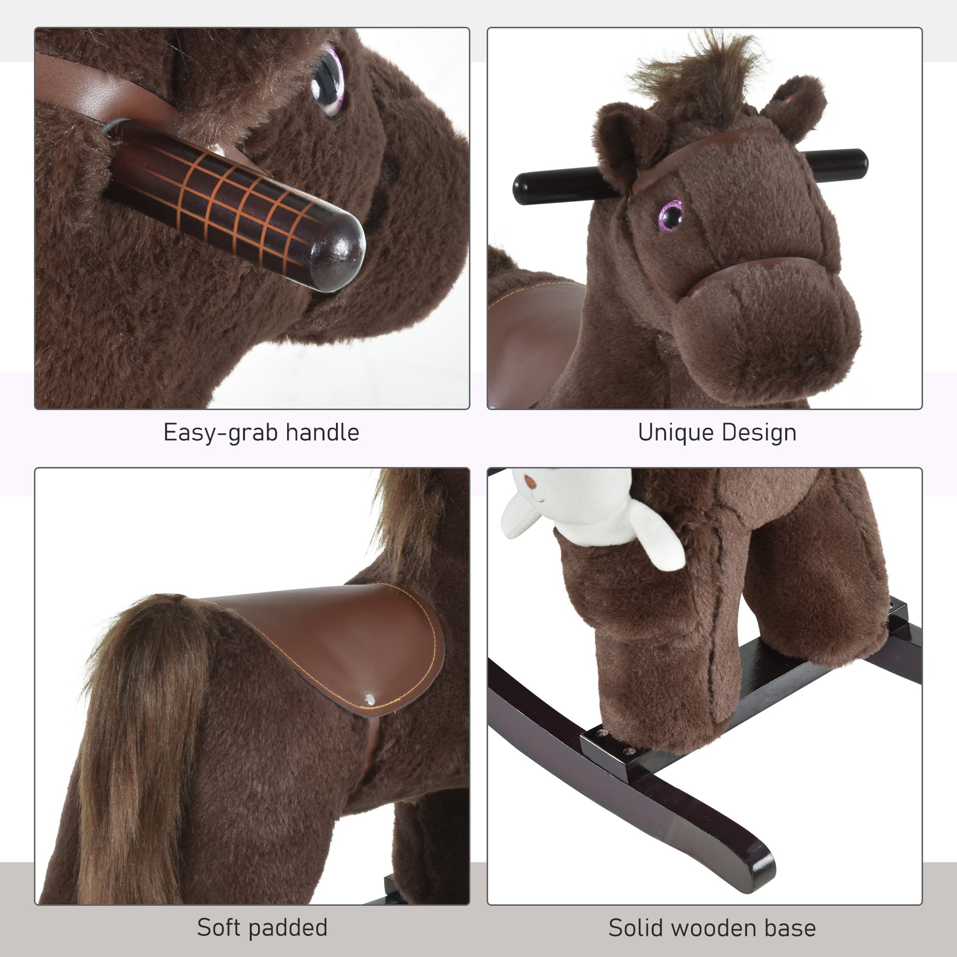 Qaba Kids Rocking Horse Plush Animal on Wooden Rockers with Sounds, Wooden Base and Bear Toy, Baby Rocking Chair, Brown