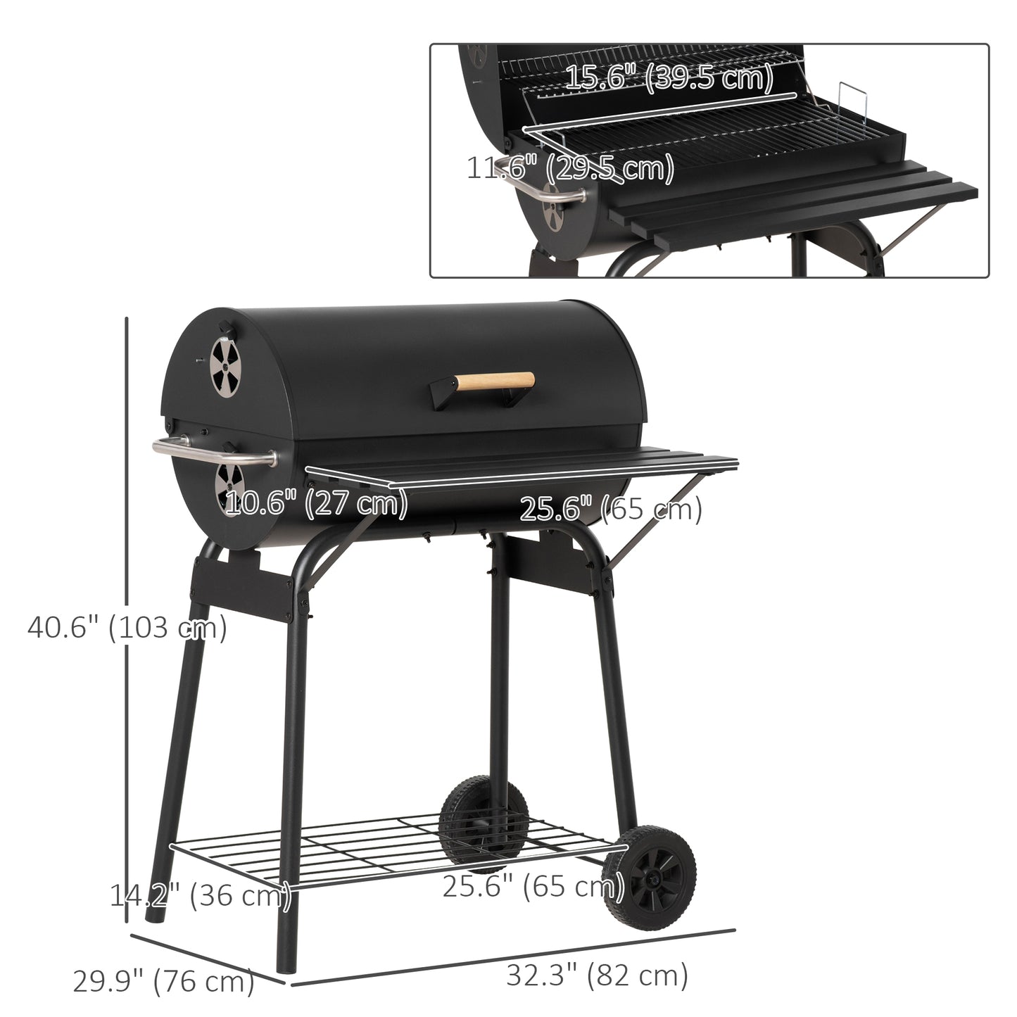 30" Charcoal Barbecue Grill with Wheels Outdoor Barbecue with Adjustable Charcoal Rack, Storage Shelf, Wheel, for Garden