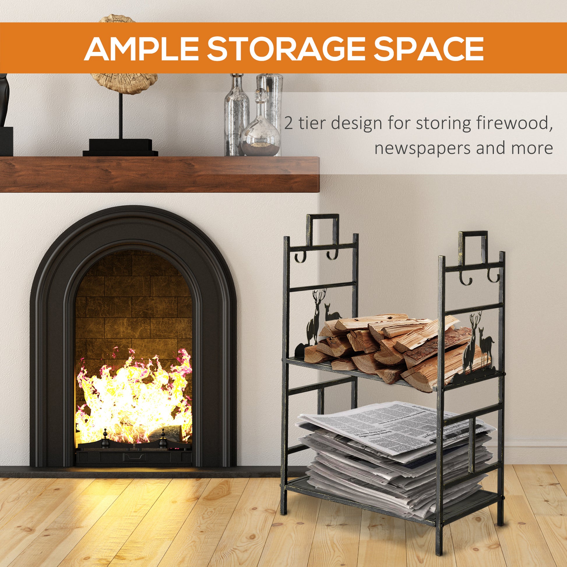 20.25" x 13" x 30.25" 2-Layer Heavy Duty Firewood Rack Wood Log Fireplace Stacker  w/ 4 Tools, Black and Gold