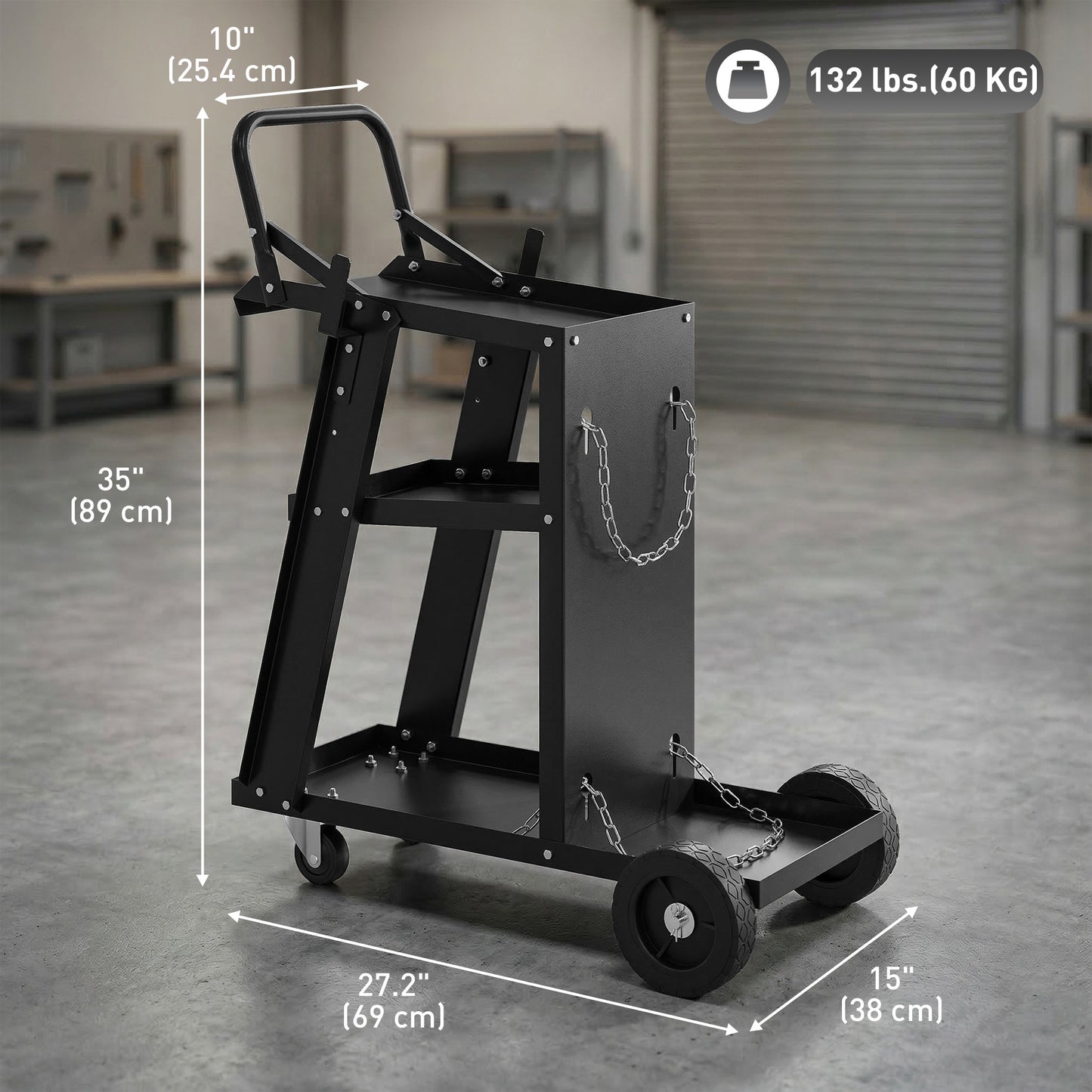 Welding Utility Cart 3-Tier Heavy Duty Rolling Tool Cart with Gas Cylinder Holder Black