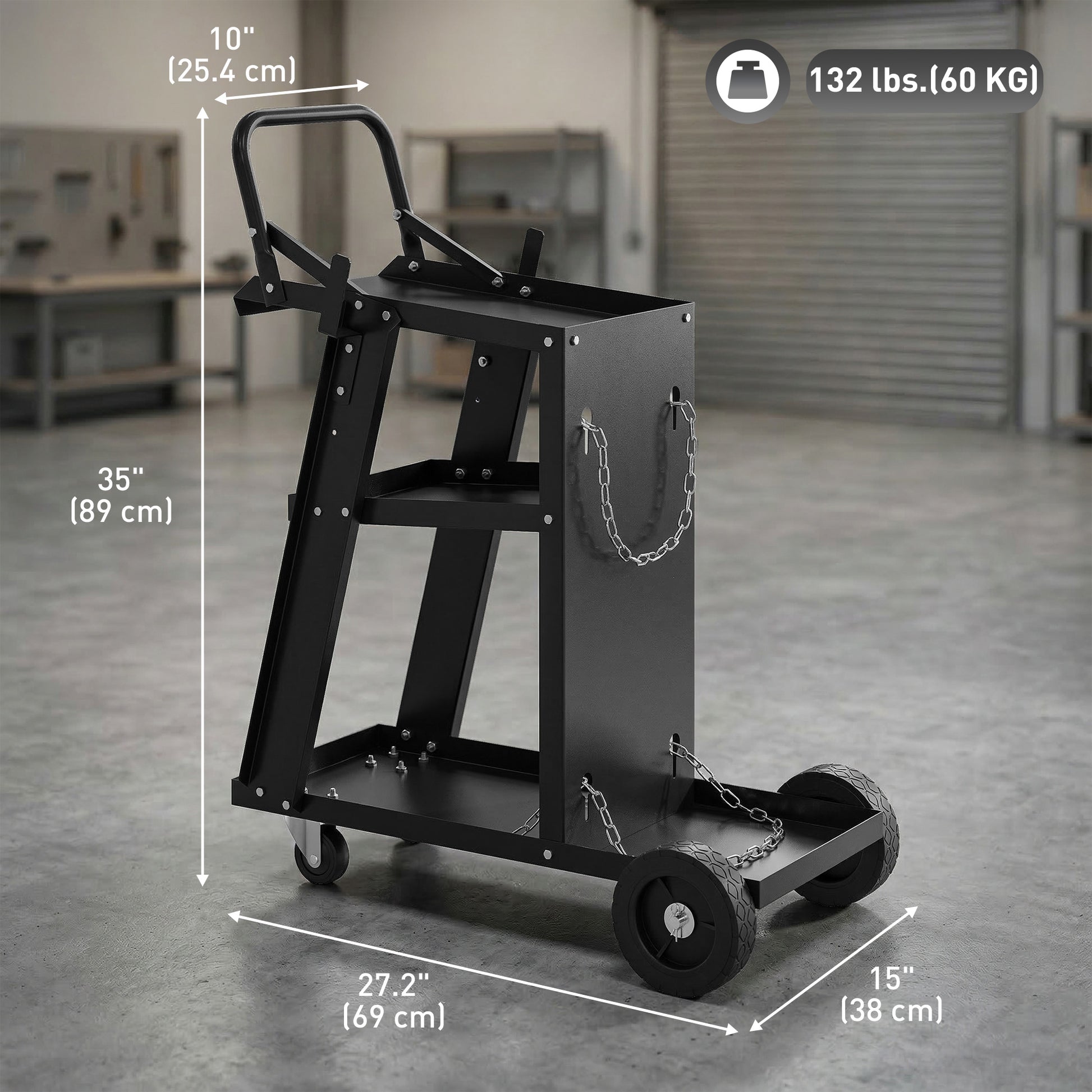 Welding Utility Cart 3-Tier Heavy Duty Rolling Tool Cart with Gas Cylinder Holder Black