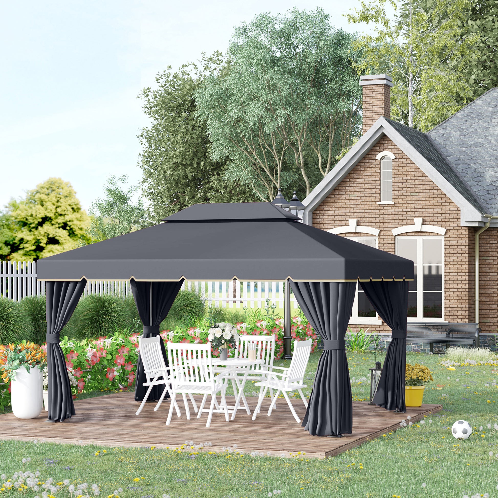 13' x 10' Patio Gazebo, Double Roof Outdoor Gazebo Canopy Shelter with Netting & Curtains, Strong Aluminum Frame, Black
