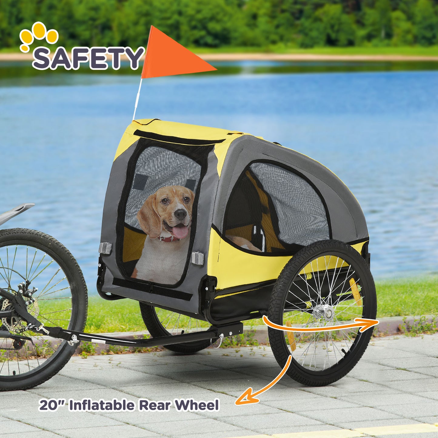 VarietyKart Dog Bike Trailer with Hitch Coupler, Quick Release Wheels, Reflectors, Flag for Medium Dogs, Yellow