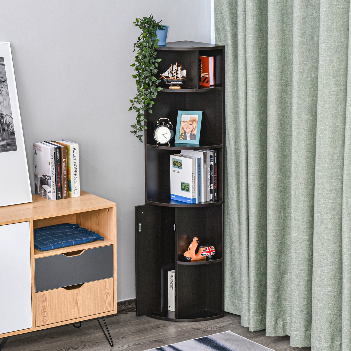 5-Tier Corner Bookcase, Storage Bookshelf, Freestanding Display Shelves with Open Compartments and Cabinet for Home Offi