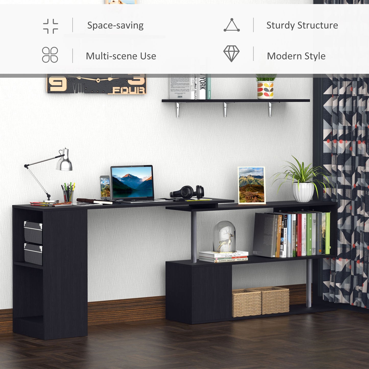 55" Corner Computer Desk, 360° Rotating L-Shaped Desk, Home Office Workstation with 3-Tier Shelves, Bookshelf, Black