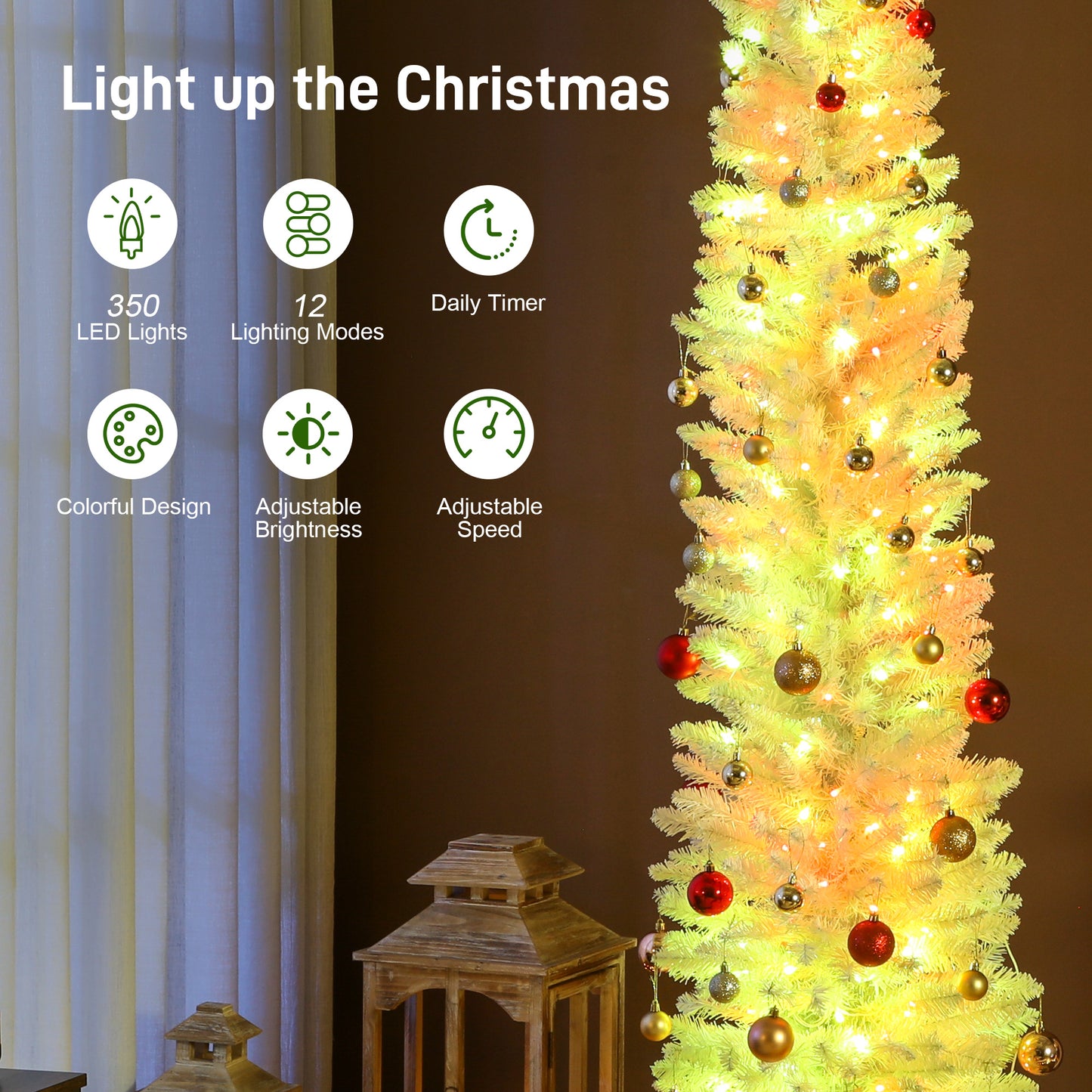 9ft Christmas Tree with Colourful DIY Synchronized LEDs, Hinged Pencil Xmas Tree with Remote, Daily Timer, White