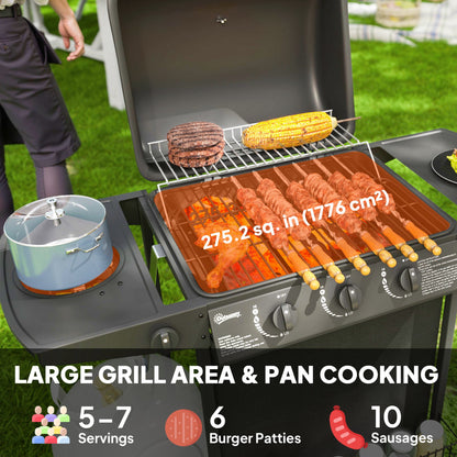 3+1 Burner Propane Gas BBQ Grill, Portable Gas Barbecue Grill with Side Burner, Thermometer, Lid, Side Table, Shelf, Spi