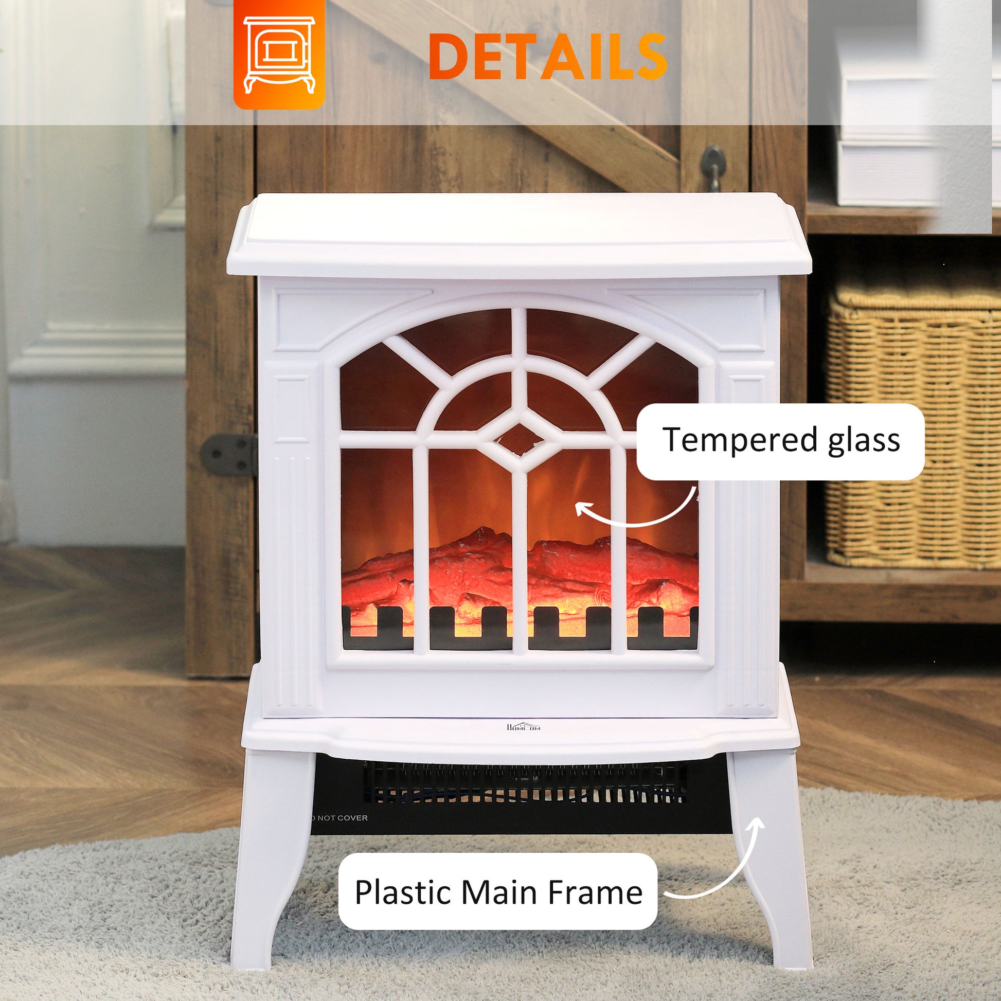 Electric Fireplace Heater, Freestanding Fireplace Stove with Realistic Flame and Overheat Protection, 750W/1500W, White