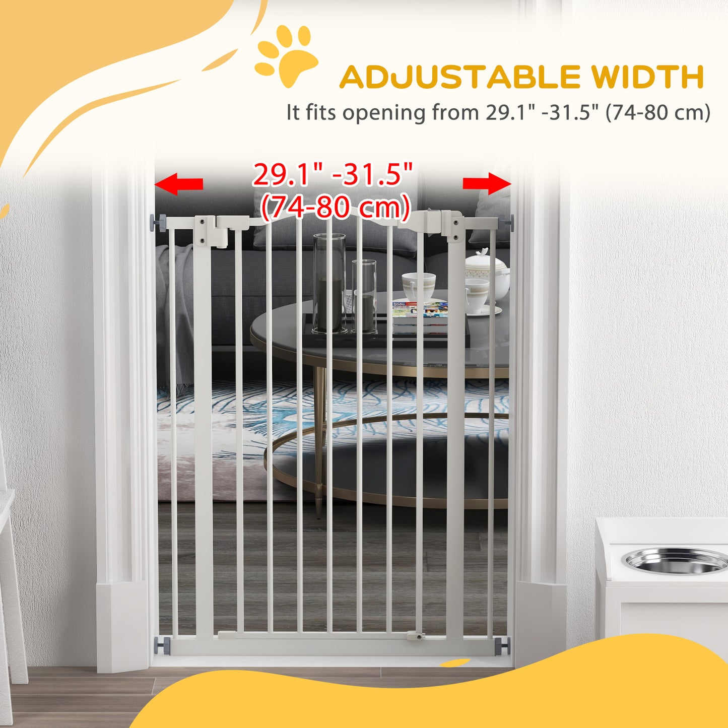 Extra Tall Dog Gate with Door, Pressure Fit, Auto Close, Double Locking for Doorways Hallways Stairs, 29"-32", White