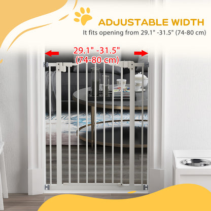 Extra Tall Dog Gate with Door, Pressure Fit, Auto Close, Double Locking for Doorways Hallways Stairs, 29"-32", White