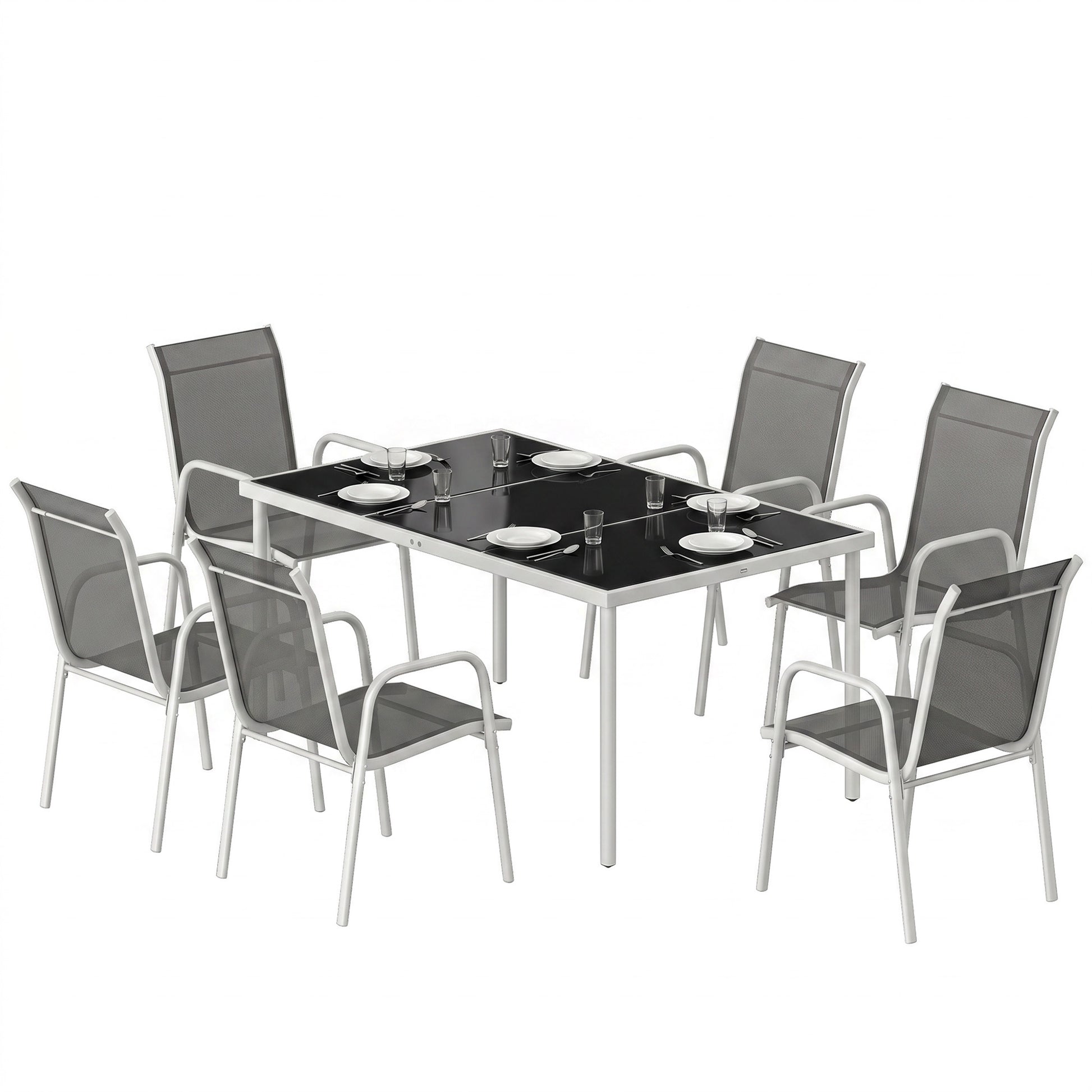 7 Piece Garden Dining Set, Garden Furniture Set with Rectangle Table and 6 Stackable Chairs
