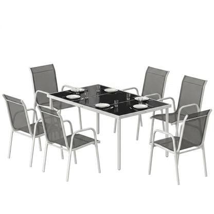 7 Piece Garden Dining Set, Garden Furniture Set with Rectangle Table and 6 Stackable Chairs