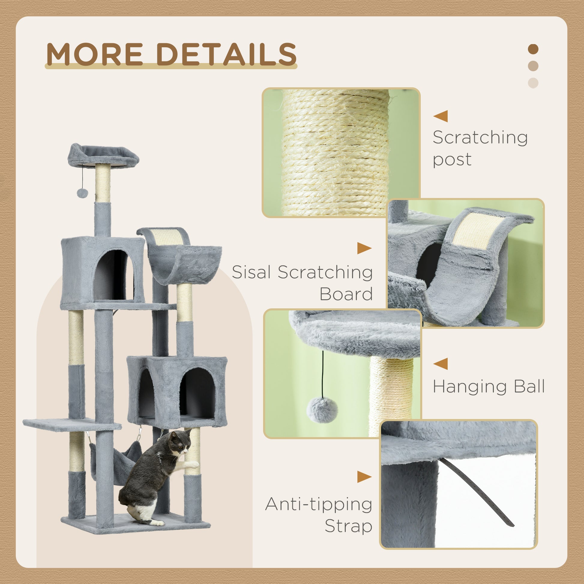 Tall Cat Tree for Indoor Cats, 70" Multi-Level Cat Tower with Hammock, Cat Bed, Cat Condo with Sisal Scratching Posts, B