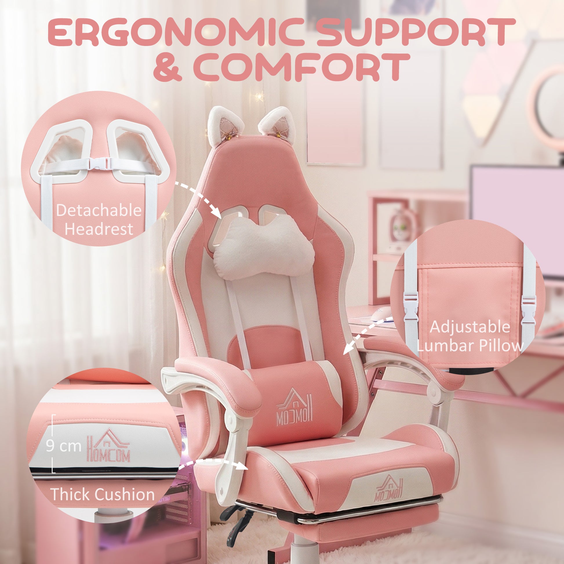 Cute Racing Gamer Chair, Faux Leather Gaming Chair with Footrest, Headrest and Lumbar Support, Pink