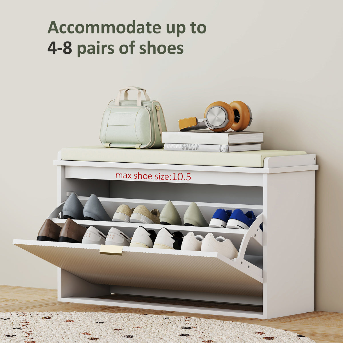 Entryway Bench with Padded Seat and Flip-Drawers, Holds up to 265lbs, Shoe Storage Bench for 8 Pairs of Shoes, White
