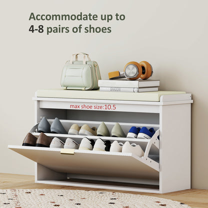 Entryway Bench with Padded Seat and Flip-Drawers, Holds up to 265lbs, Shoe Storage Bench for 8 Pairs of Shoes, White