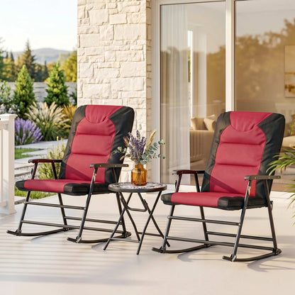3pc Patio Foldable Rocking Chair Set, Outdoor Rocking Chairs and Table Bistro Set w/ Padded Seat, Headrest, Backrest for