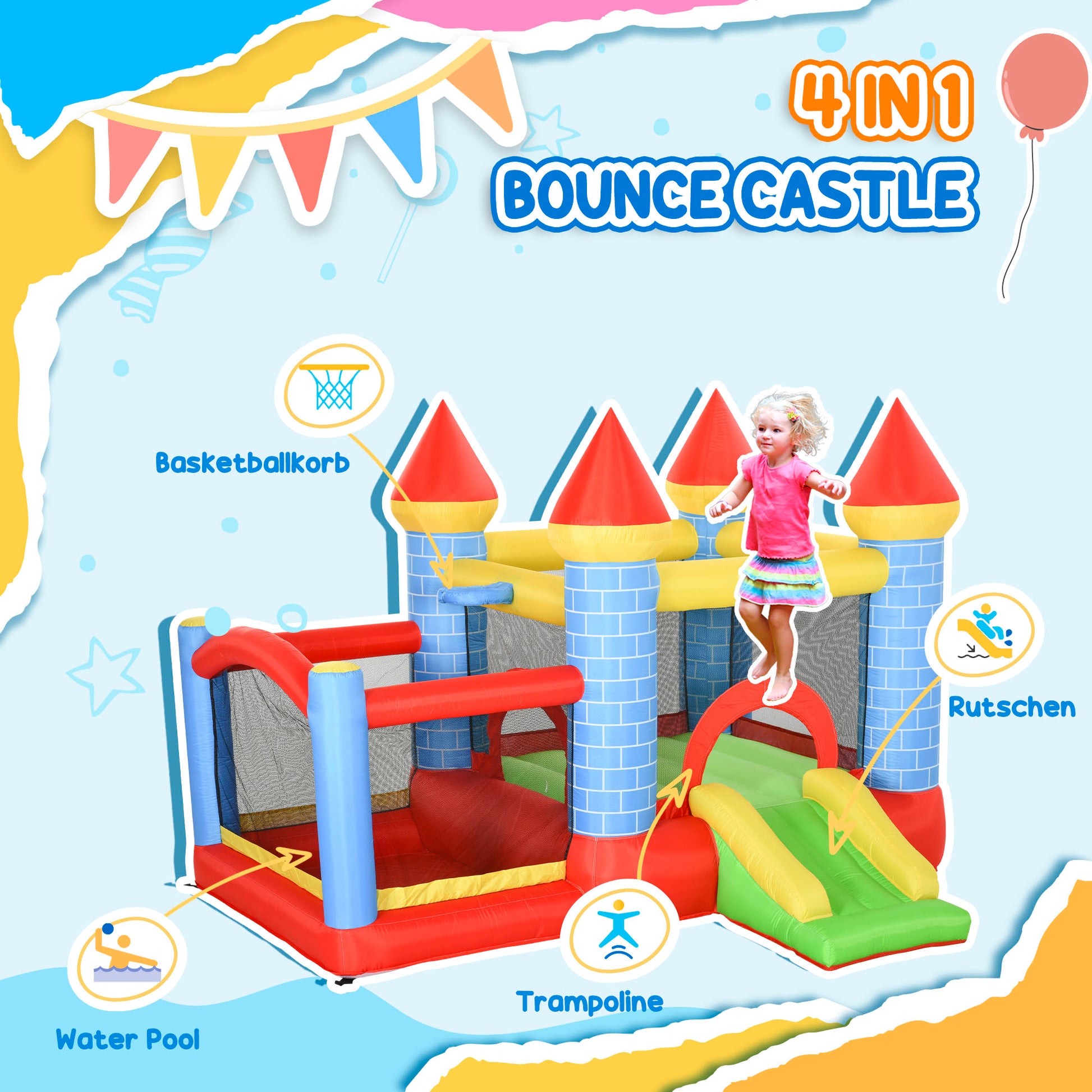 Qaba 9.2 x 9.5FT Bounce House, 4 in 1 Inflatable Bouncy Castle for Kids With Trampoline, Slide, Water Pool, Basket, Blow
