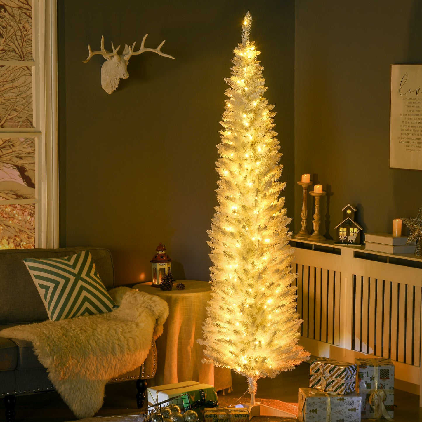 7' Pre Lit Artificial Pencil Christmas Trees, Xmas Tree with Realistic Branches and Warm White LED Lights, White
