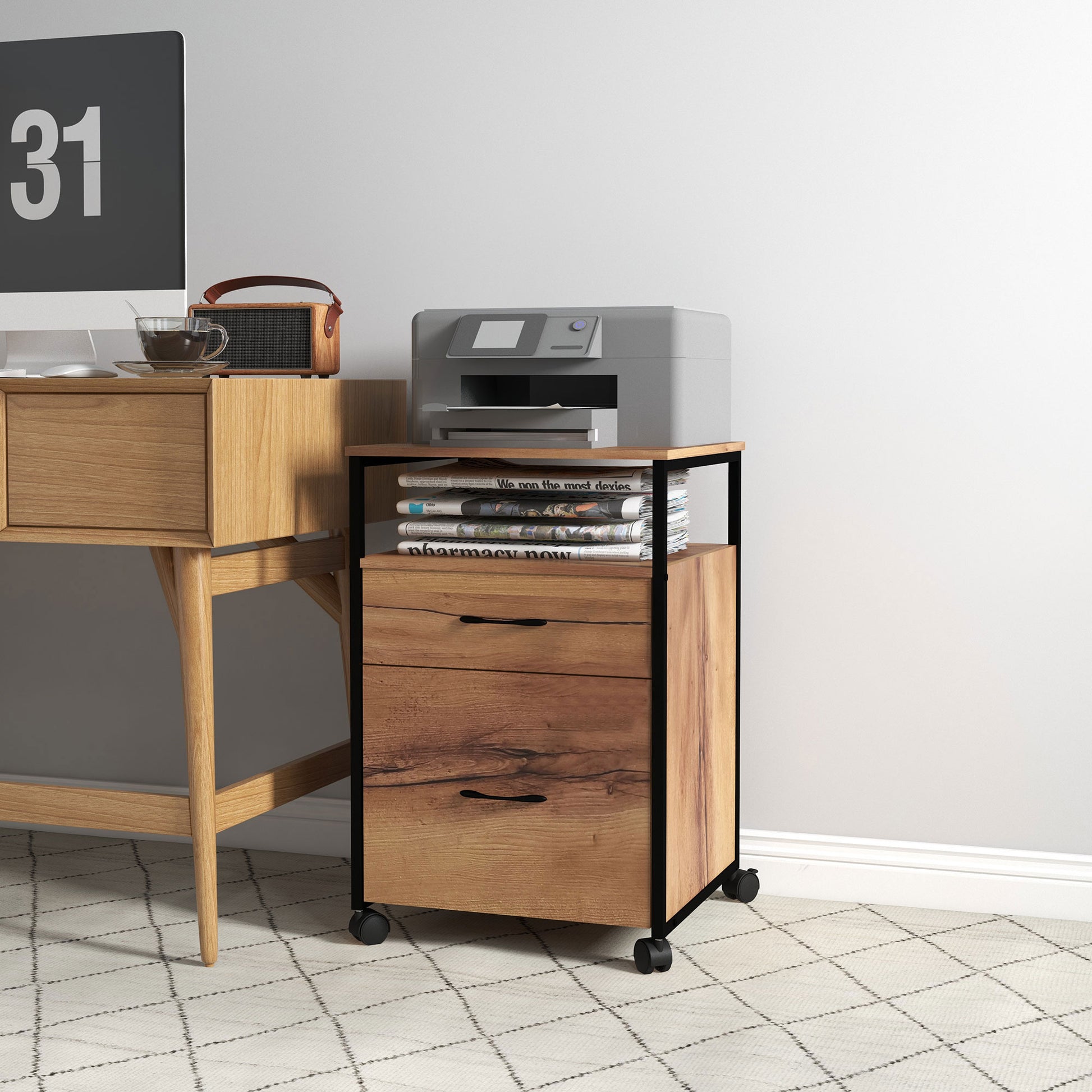 Vertical Filing Cabinet with Wheels, 26.2" Tall File Cabinet with 2 Drawers, Open Shelf, Hanging Bars for Letter and A4,