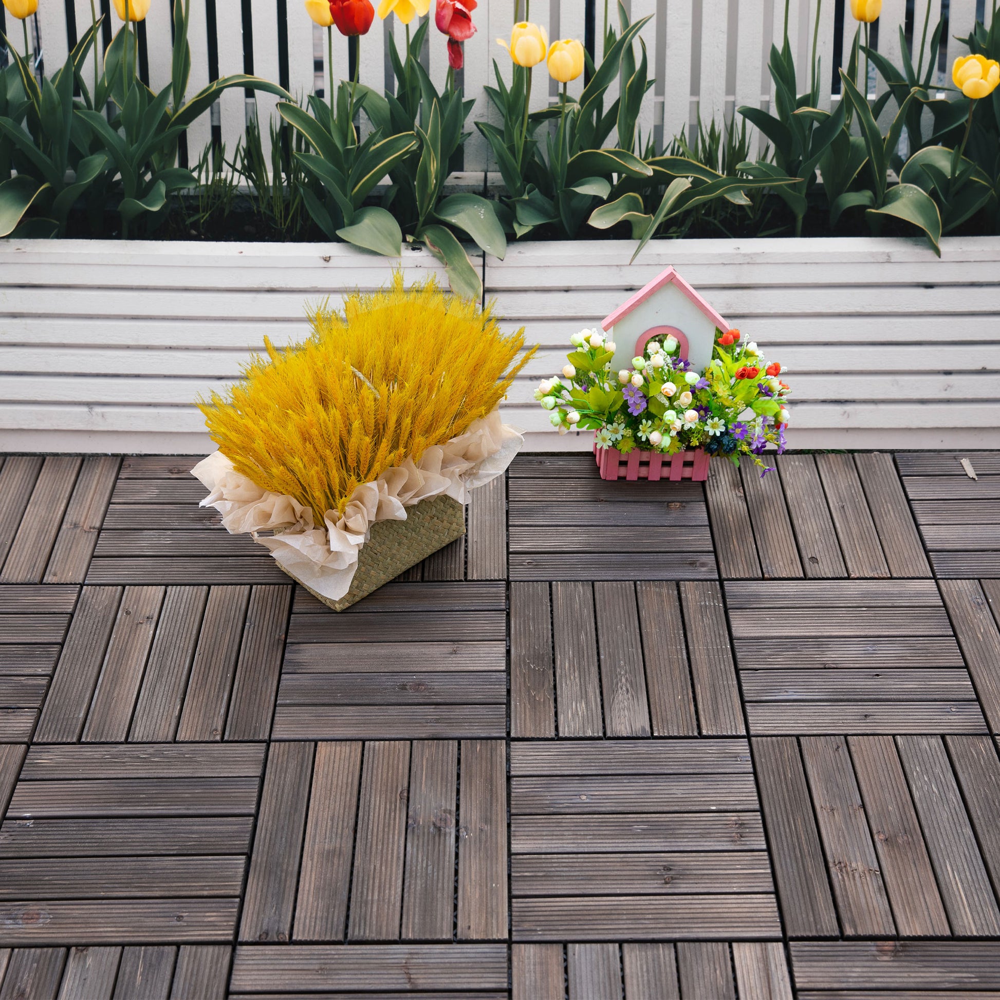 27 Pcs Wood Interlocking Deck Tiles, 12 x 12in Outdoor Flooring Tiles for Indoor and Outdoor Use, Tools Free Assembly, B