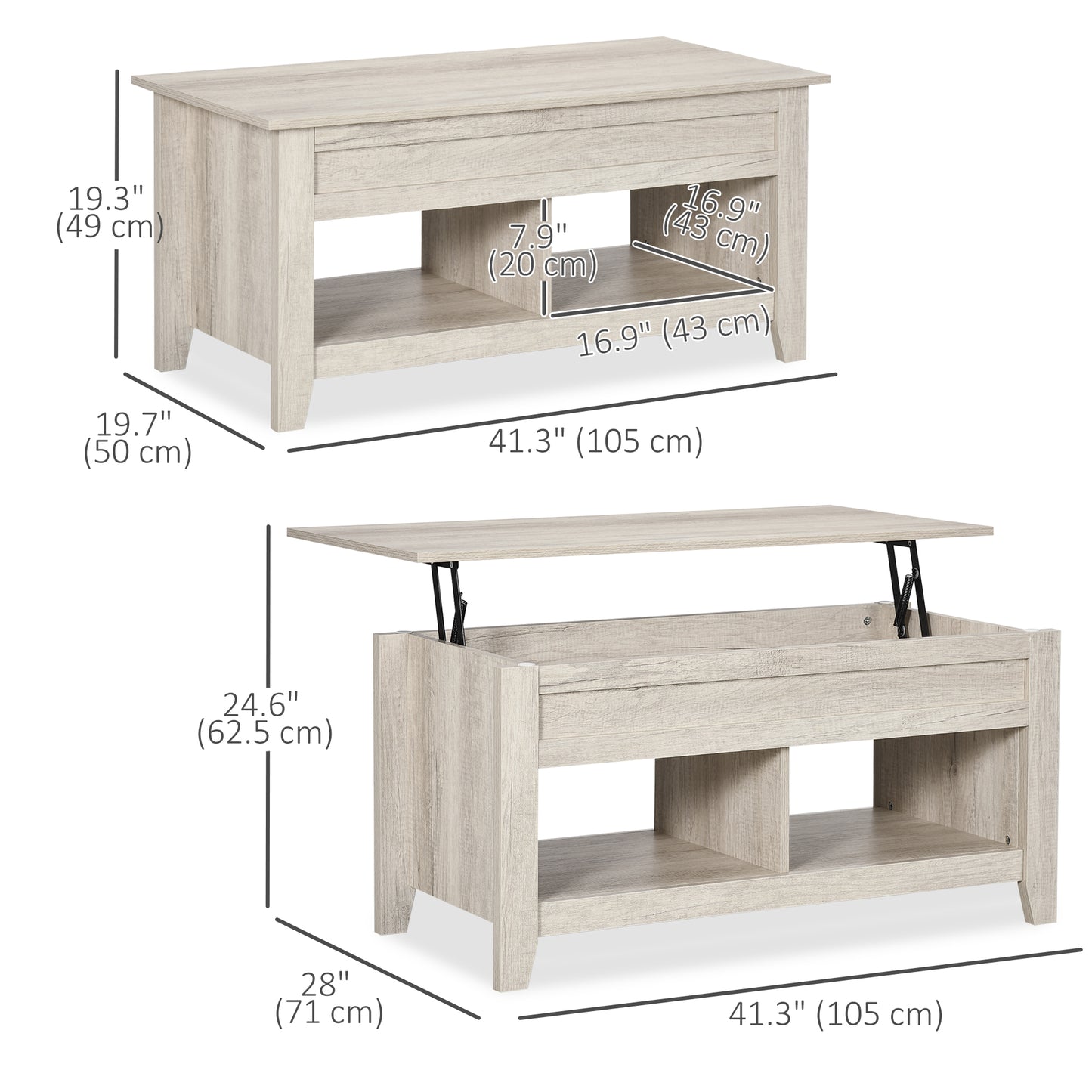 Lift Top Coffee Table with Hidden Storage Compartment and Open Shelves, Lift Tabletop Pop-Up Center Table for Living Roo