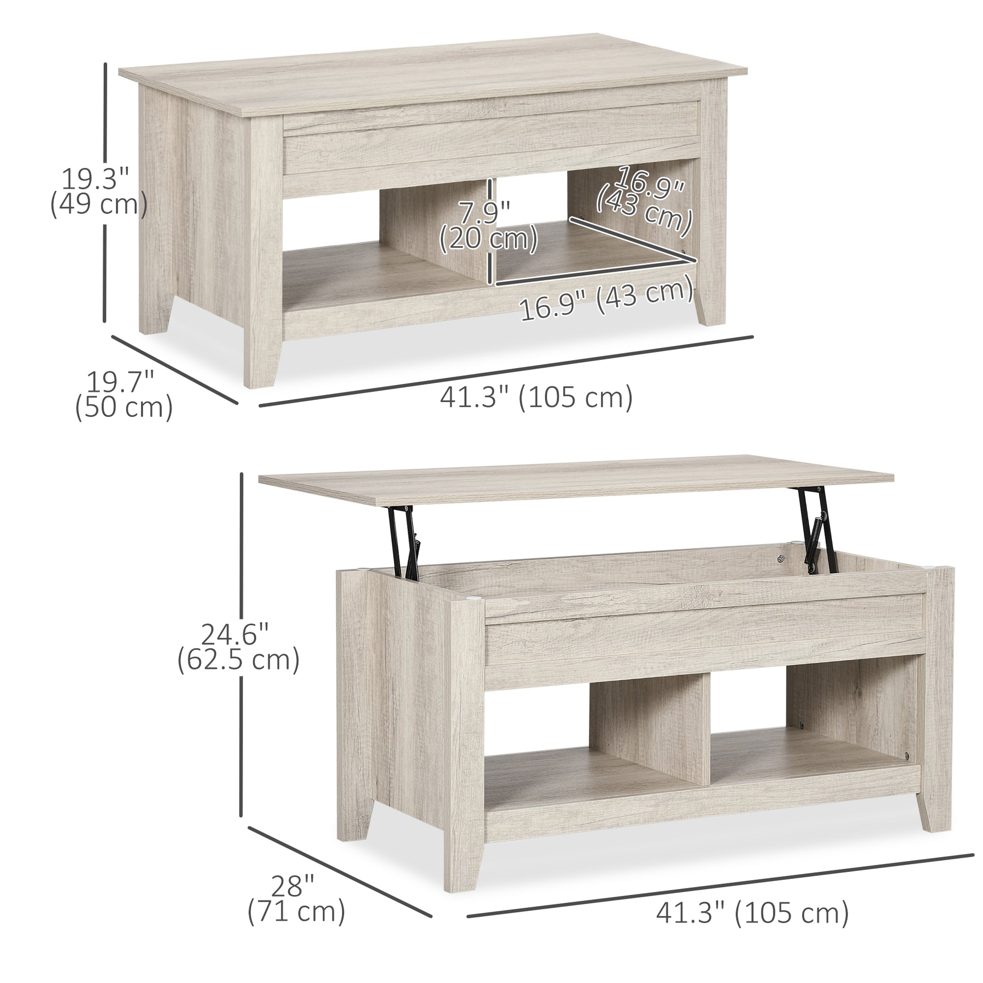 Lift Top Coffee Table with Hidden Storage Compartment and Open Shelves, Lift Tabletop Pop-Up Center Table for Living Roo