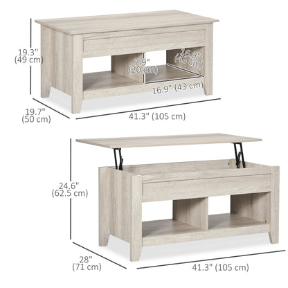 Lift Top Coffee Table with Hidden Storage Compartment and Open Shelves, Lift Tabletop Pop-Up Center Table for Living Roo