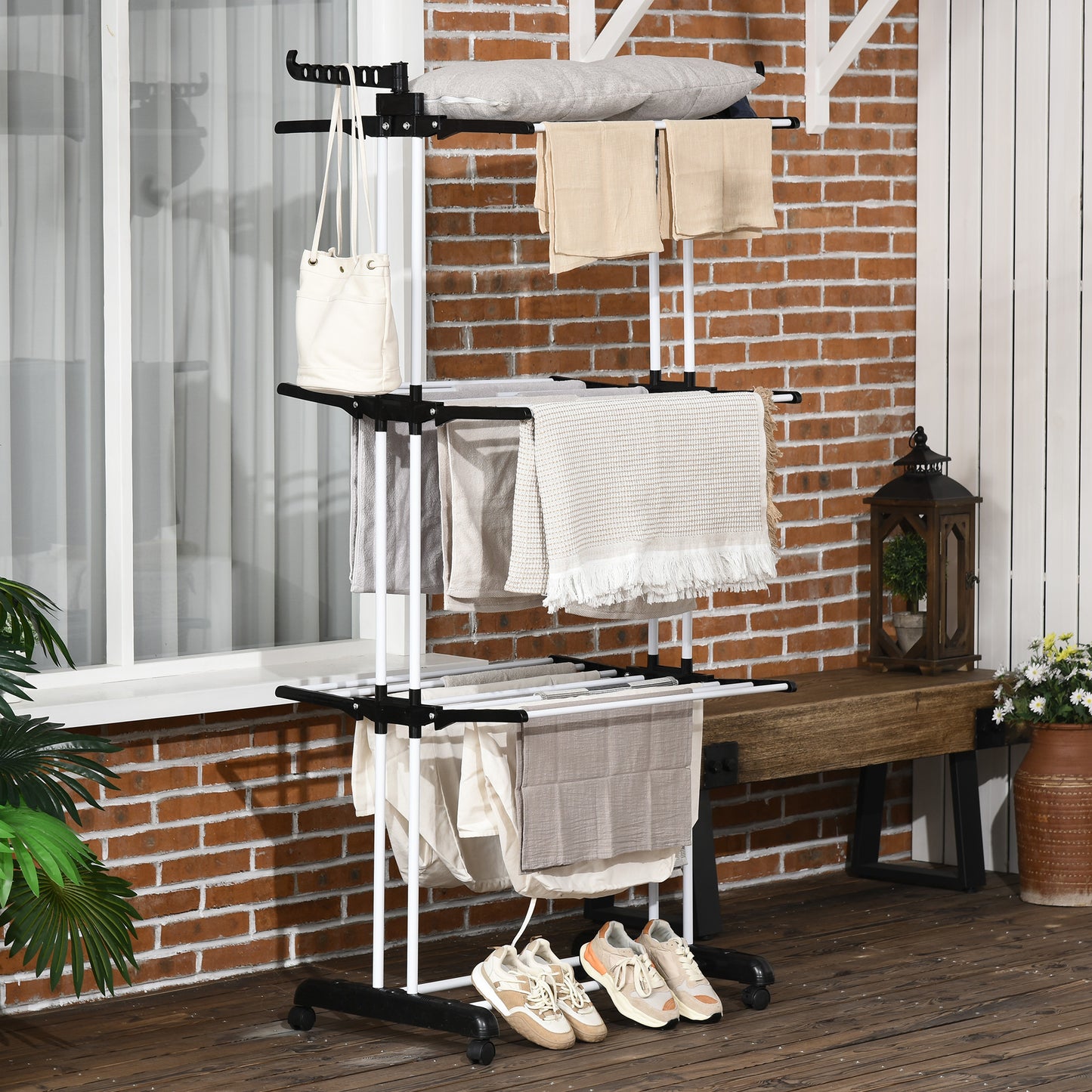 Foldable Clothes Drying Rack, 4-Tier Steel Laundry Rack for Drying Clothes with 2 Side Wings and 4 Castors, Indoor and O