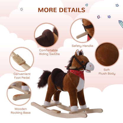 Qaba Kids Plush Rocking Horse Child Ride On Toy Rocker with Realistic Sounds Coffee