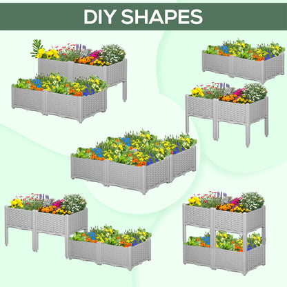 4-piece Raised Garden Bed PP Raised Flower Bed Vegetable Herb Grow Box Stand Grey