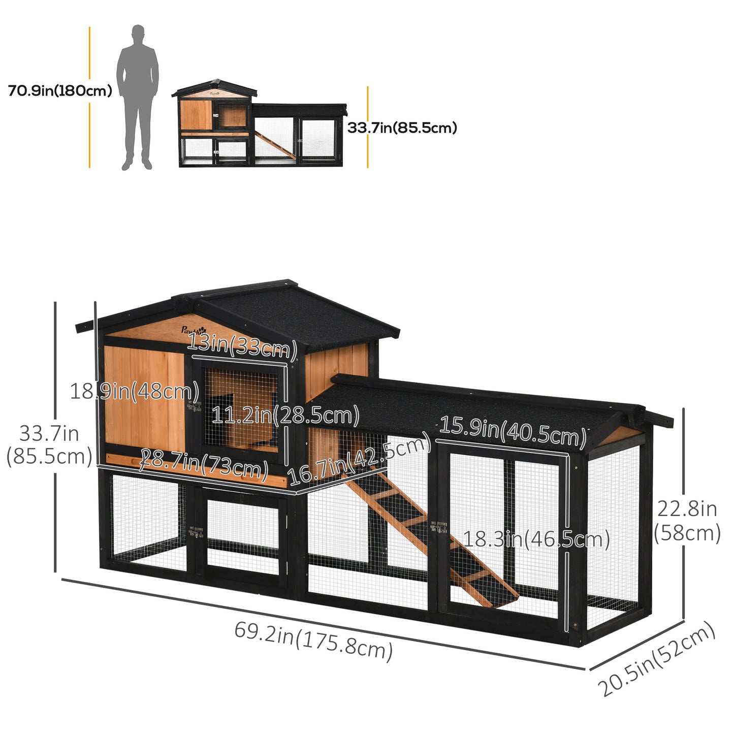 69" Wooden Rabbit Hutch Pet Playpen Bunny House Enclosure with Run Box, Slide-out Tray, Ramp, for Rabbits and Small Anim