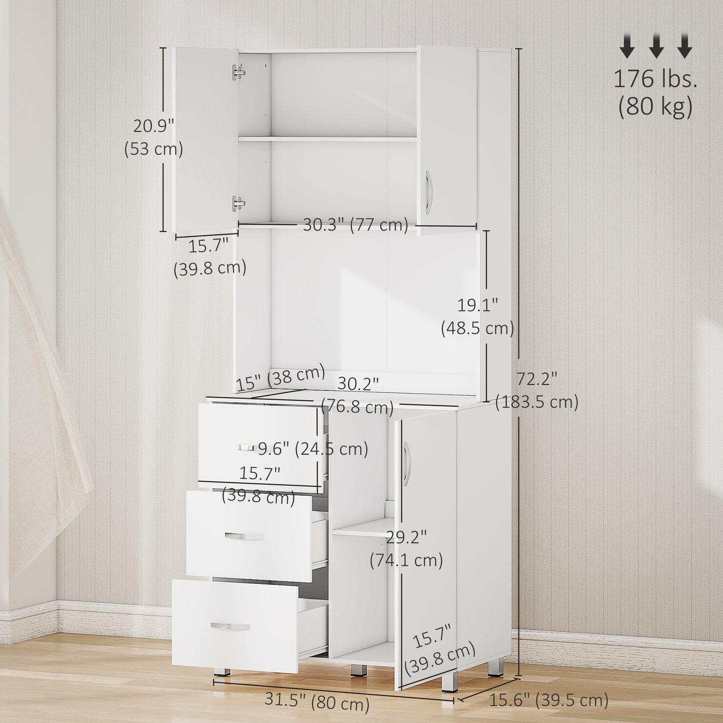 Freestanding Kitchen Buffet with Hutch Storage Organizer with 2 Door Cabinets, 3 Drawers and Open Countertop, Adjustable