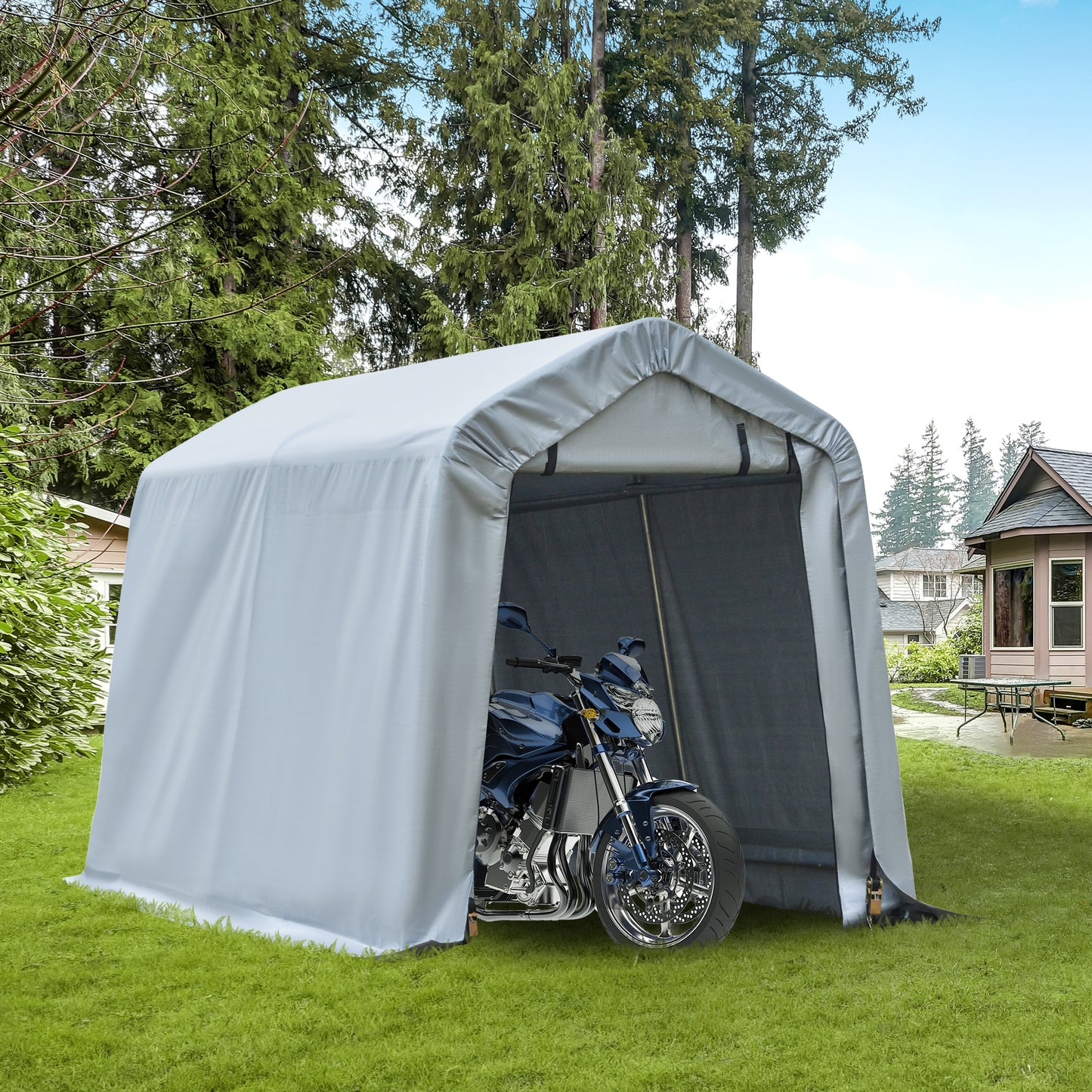8' x 6' Carport with Sidewalls and Roll-up Door, Outdoor Storage Shelter for Motorcycle and Car, Grey