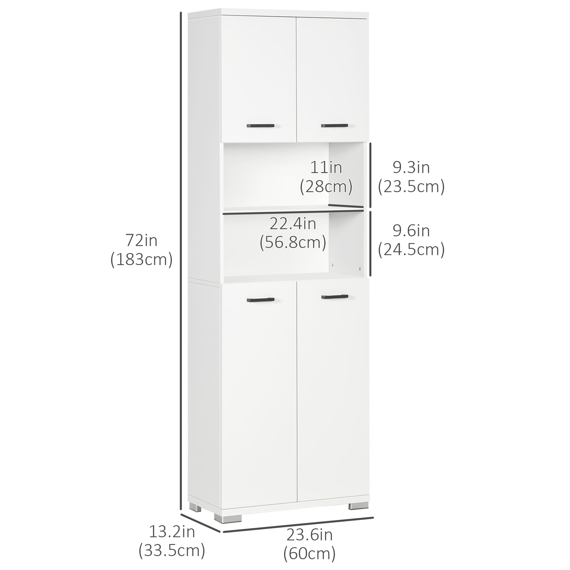 Bathroom Cabinet, Freestanding Linen Cabinet with Open Shelves and Cupboards, 23.6"x13.2"x72", White