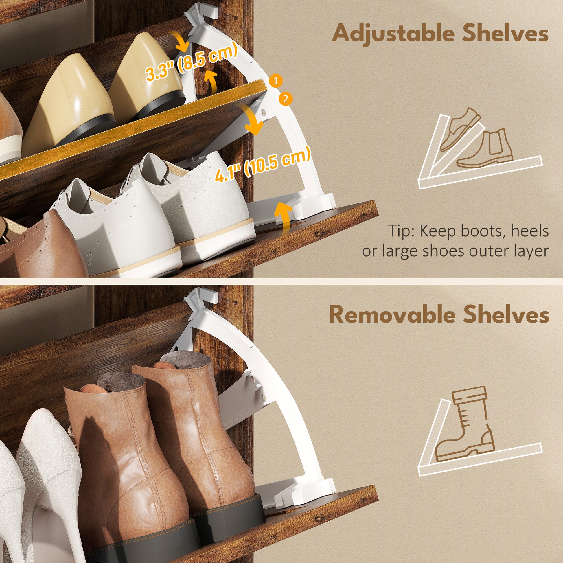 Narrow Shoe Storage Cabinet, Farmhouse Slim Shoe Cabinet with 2 Flip Drawers, Adjustable Shelves, Rustic Brown