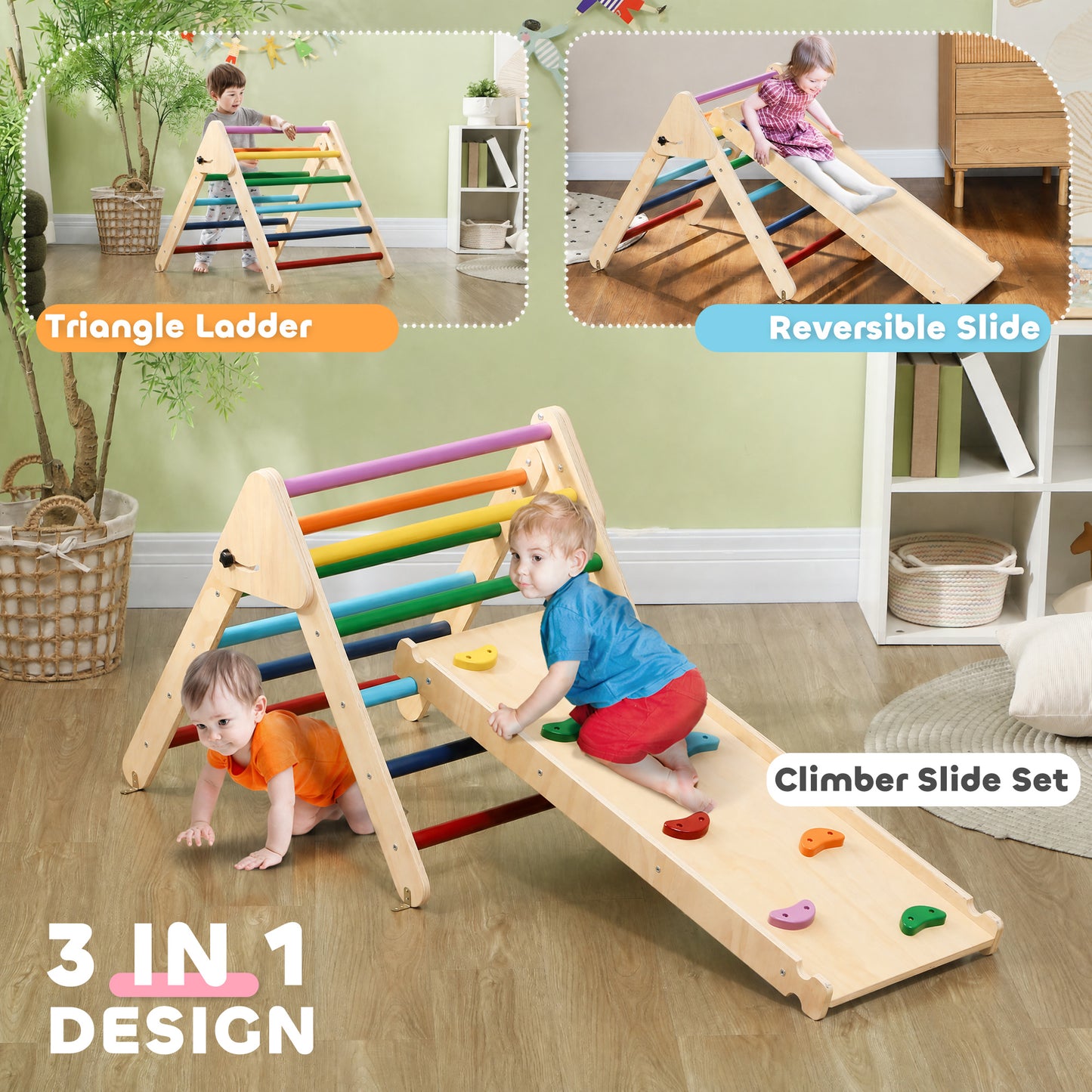 Qaba Pikler Triangle Set, 3 in 1 Climbing Toys with Ramp for Toddlers, Nature Wood