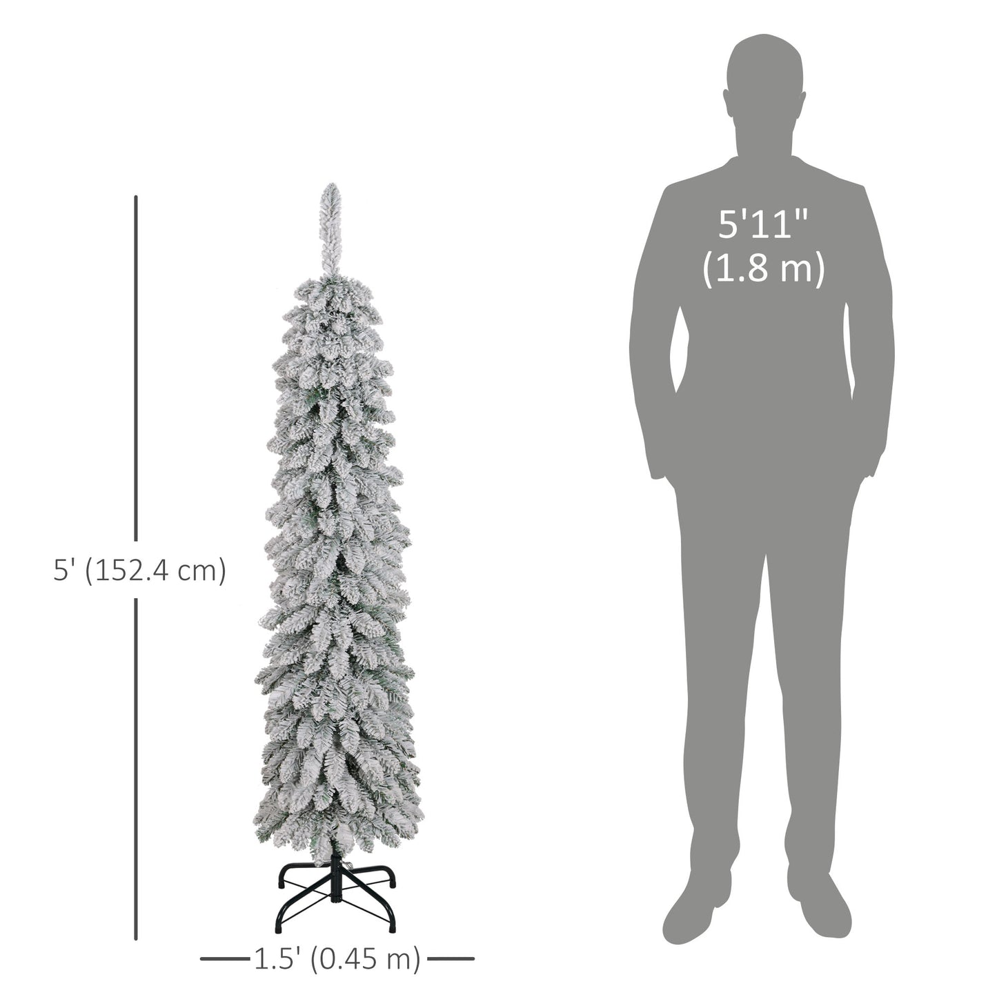 5ft Snow-Flocked Artificial Christmas Tree, Slim Pencil Xmas Tree with 301 Realistic Branches, Metal Base, Green