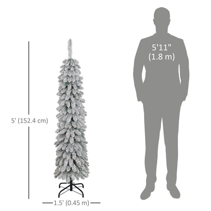 5ft Snow-Flocked Artificial Christmas Tree, Slim Pencil Xmas Tree with 301 Realistic Branches, Metal Base, Green