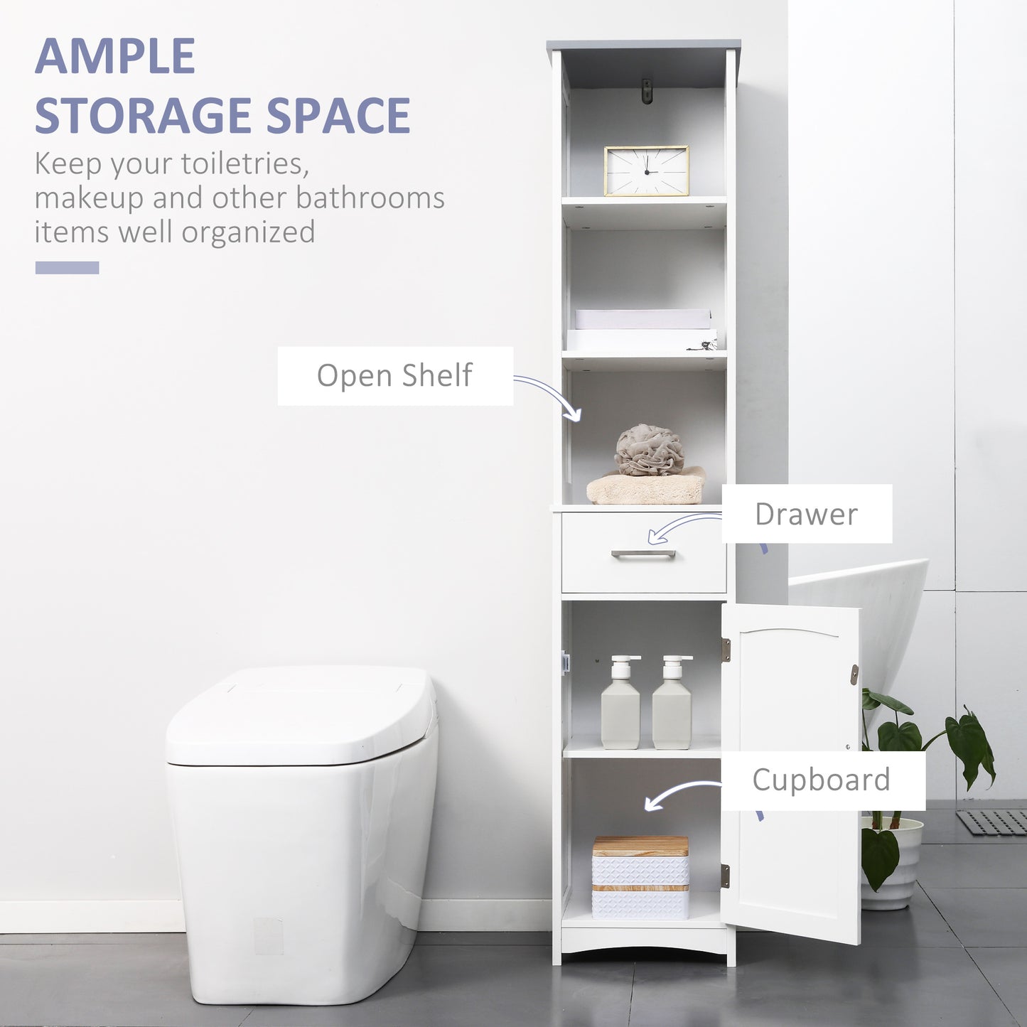 Tall Bathroom Storage Cabinet, Slim Bathroom Cabinet with 3 Tier Shelf, Drawer, Door, Freestanding Linen Tower, White