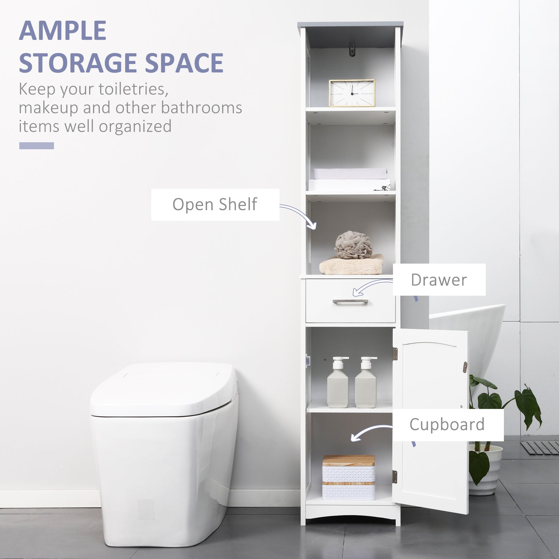 Tall Bathroom Storage Cabinet, Slim Bathroom Cabinet with 3 Tier Shelf, Drawer, Door, Freestanding Linen Tower, White