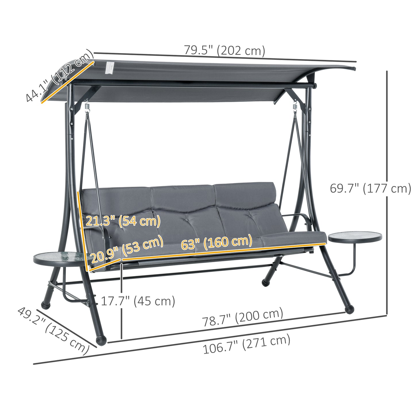 3 Seat Outdoor Swing Chair Steel Swing Bench Porch Swing With Adjustable Canopy, Coffee Tables and Cushion for Patio Gar