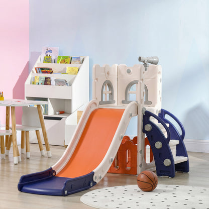 Qaba 5 in 1 Toddler Slide with Basketball Hoop, Climber, Telescope, Storage Basket, for 1-3 Years Kids Indoor Use, Orang