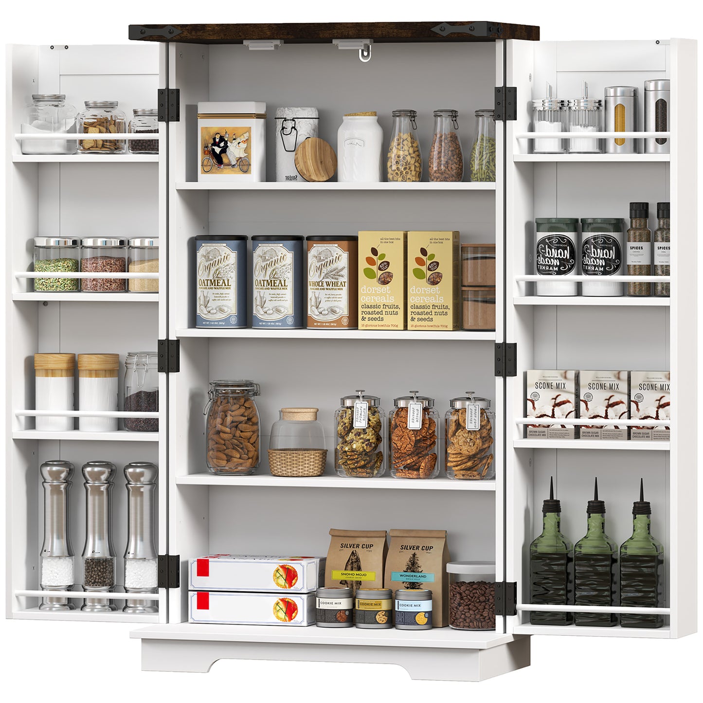 Kitchen Pantry Cabinet with 4-tier Shelving, 6 Spice Racks, Farmhouse Storage Cabinet with Adjustable Shelves, Easy Clea