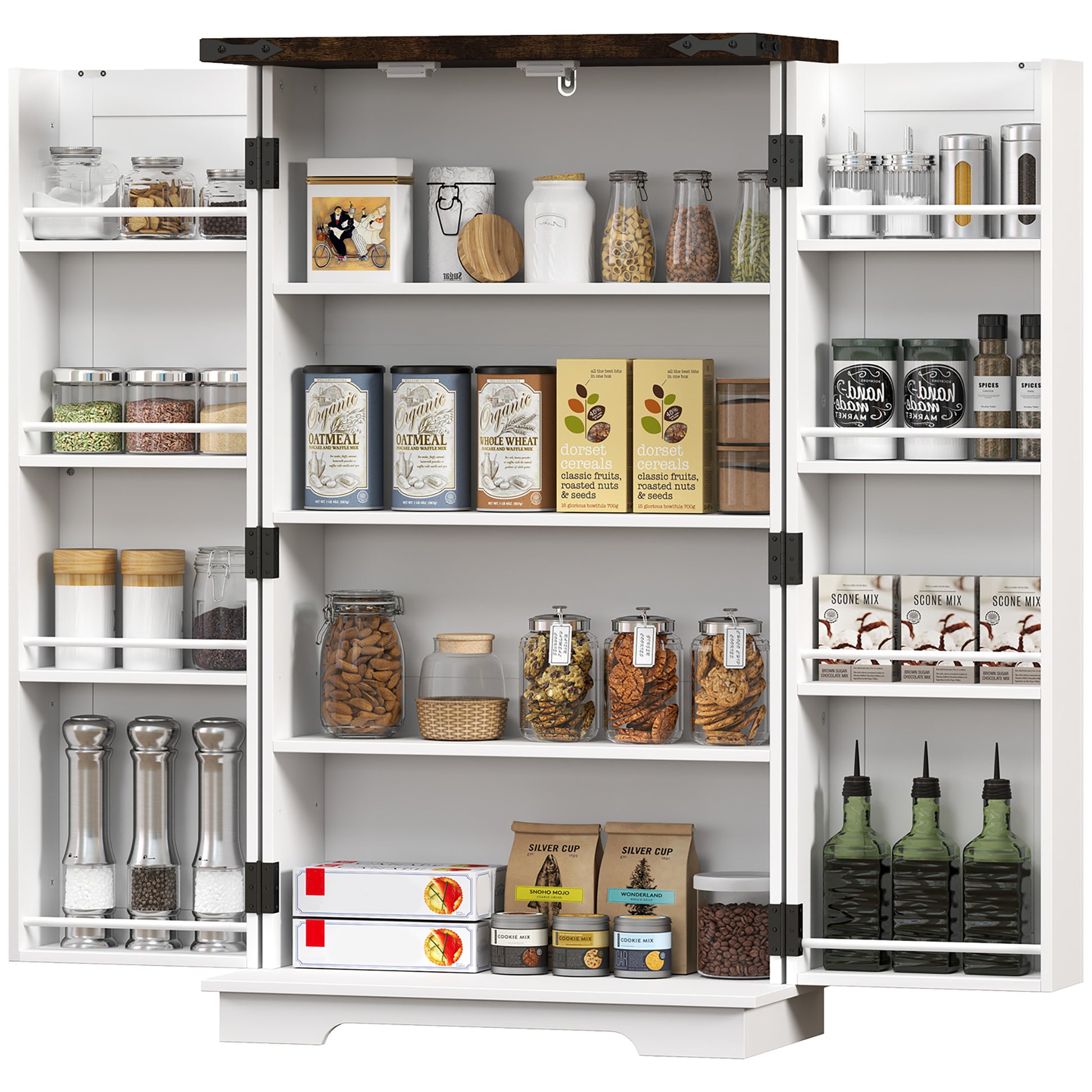Kitchen Pantry Cabinet with 4-tier Shelving, 6 Spice Racks, Farmhouse Storage Cabinet with Adjustable Shelves, Easy Clea