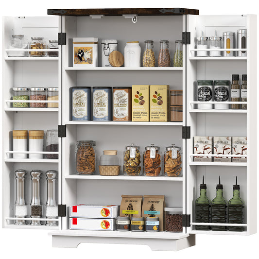 Kitchen Pantry Cabinet with 4-tier Shelving, 6 Spice Racks, Farmhouse Storage Cabinet with Adjustable Shelves, Easy Clea