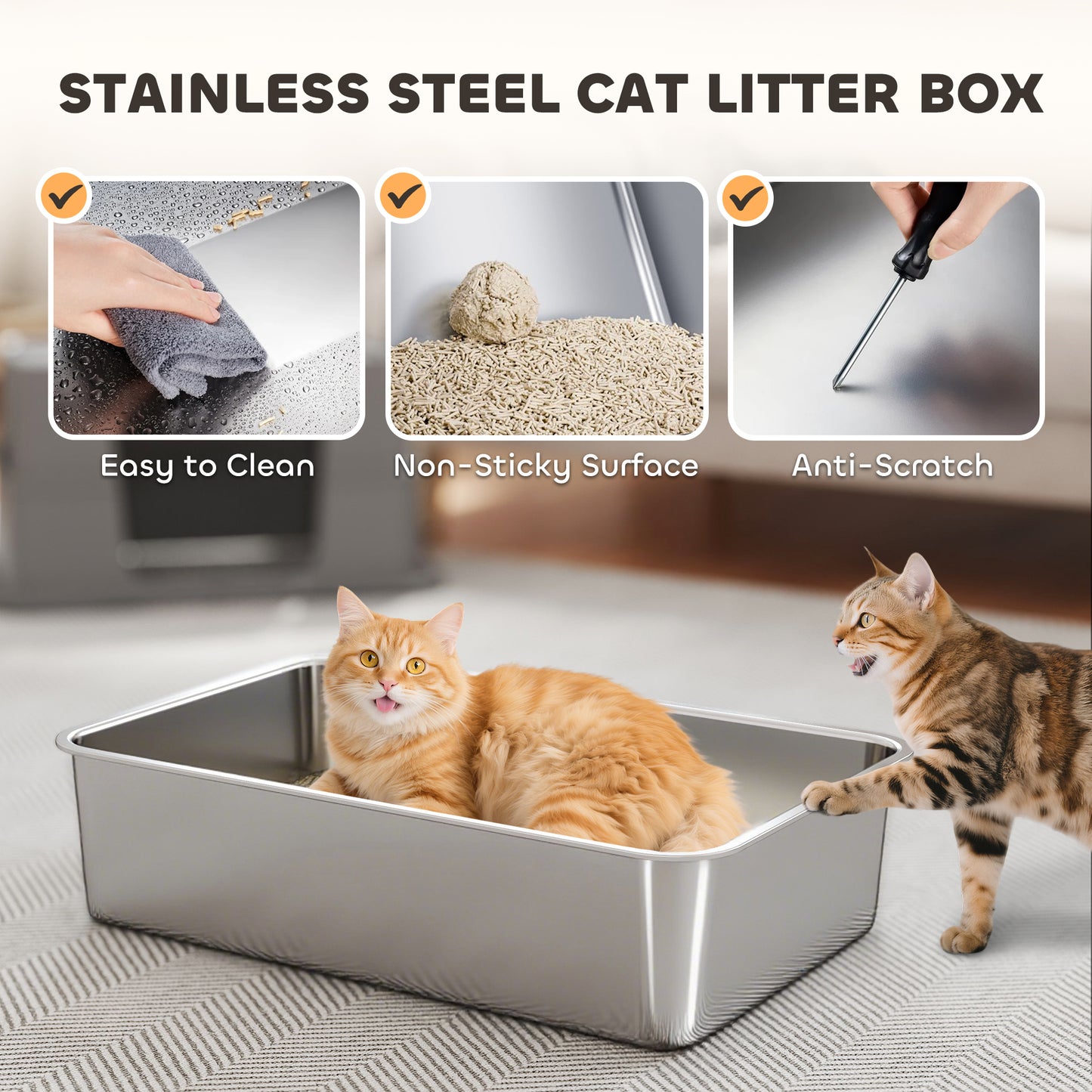 XL Stainless Steel Litter Box w/ 100° Flip Top, Scoop, Side Top Dual Entry, Odor Free, Easy Cleaning, Anti Leakage
