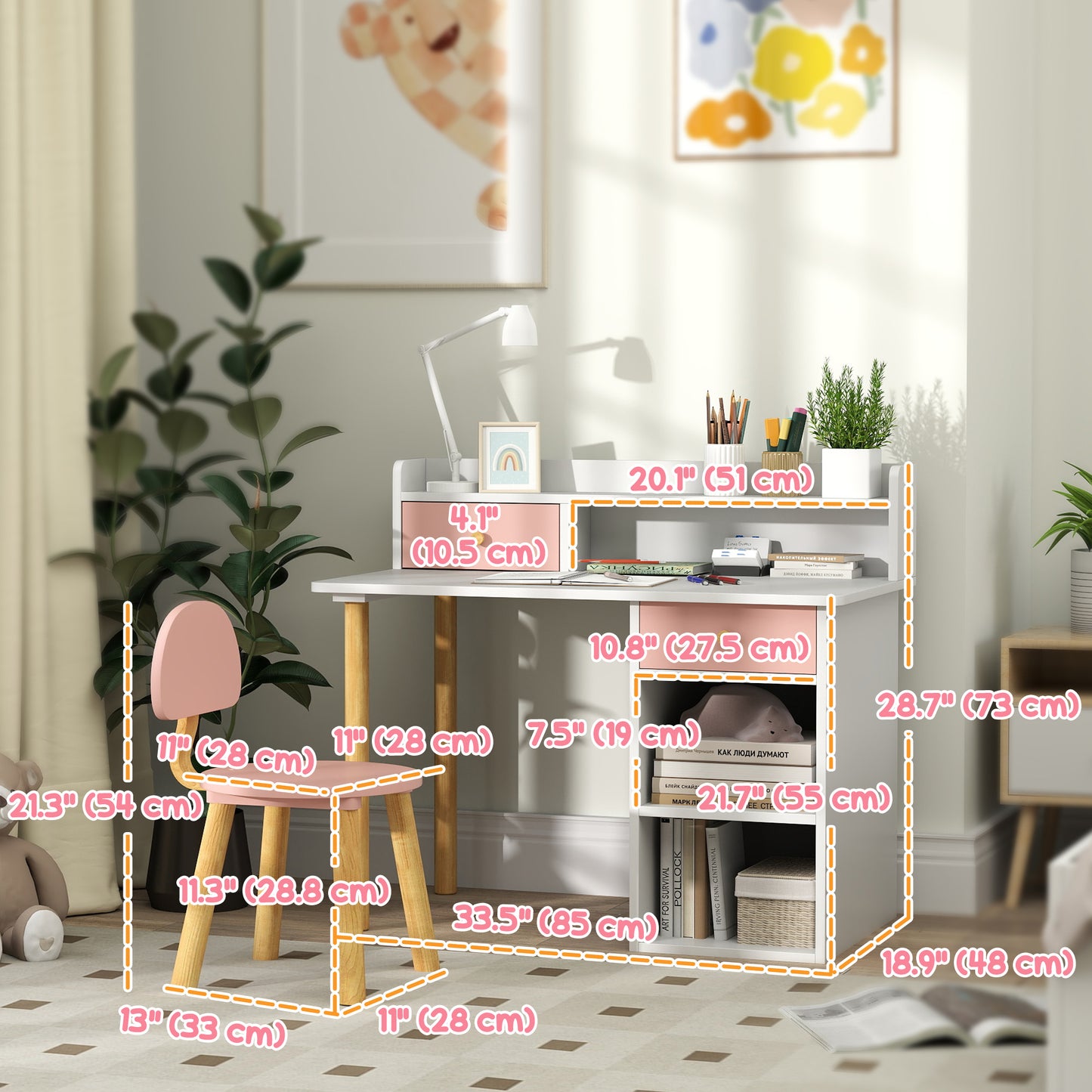 Qaba Kids Study Table and Chair Set, Kids Desk and Chair Set w/ Storage and Shelves, for 3-8 Year Old, Pink