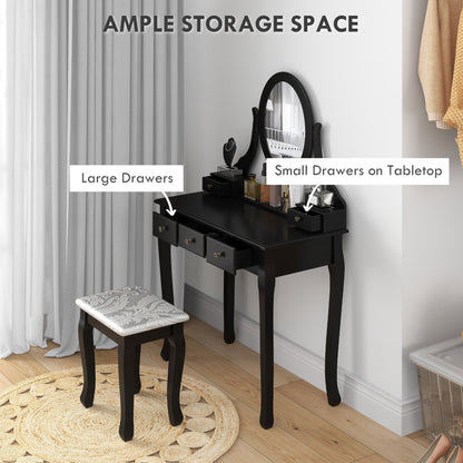 Vanity Desk with Stool, Makeup Vanity with 360° Rotating Oval Mirror, 5 Drawers and Padded Seat, Dressing Table for Bedr